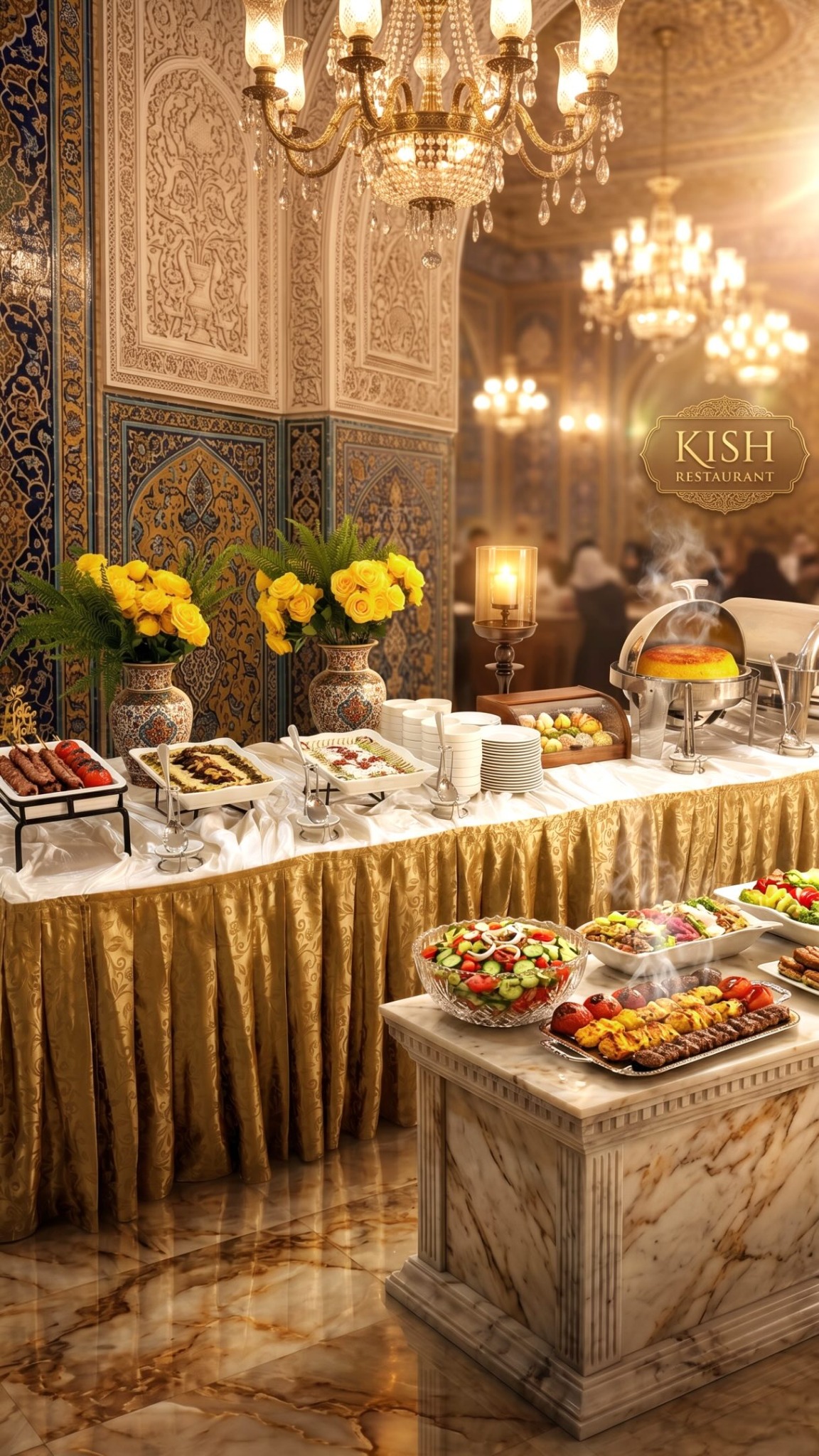 Gold-toned Persian buffet setting with chandeliers and serving dishes