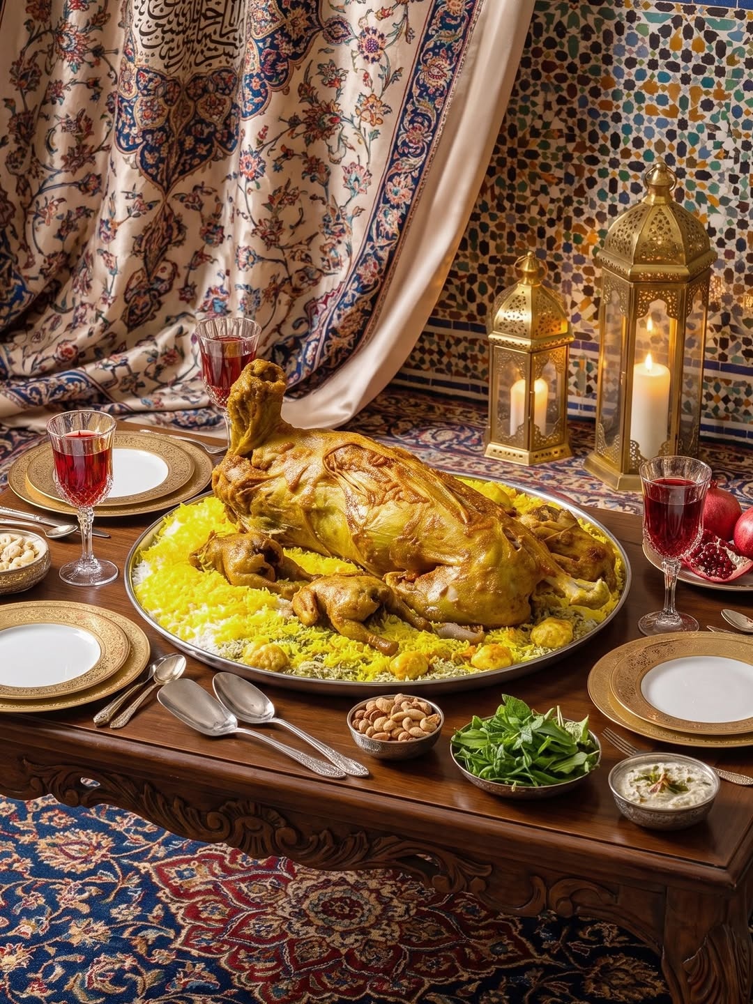 Kish Quzi feast with saffron rice, tea and a Persian table setting